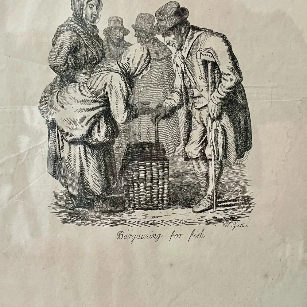 Vintage Print 1830 Scottish Artist Walter Geikie “ Bargaining For Fish” 9/11 “ - Picture 5 of 11
